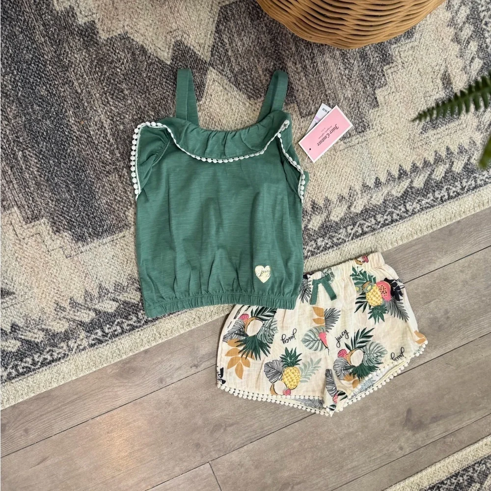 New Juicy Couture Boho Tank & Cream Tropical Print Tassel Shorts Girls sz 6 Set